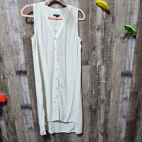 Eileen Fisher Cream Mandarin Collar Button Down Midi Dress - Picture 1 of 4